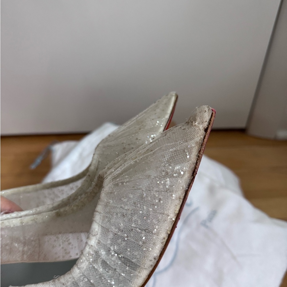 SOLD ‼️Christian Louboutin Kate Draperia 85 White Glitter Tulle Bridal Low Heel - Picture 14 of 16
